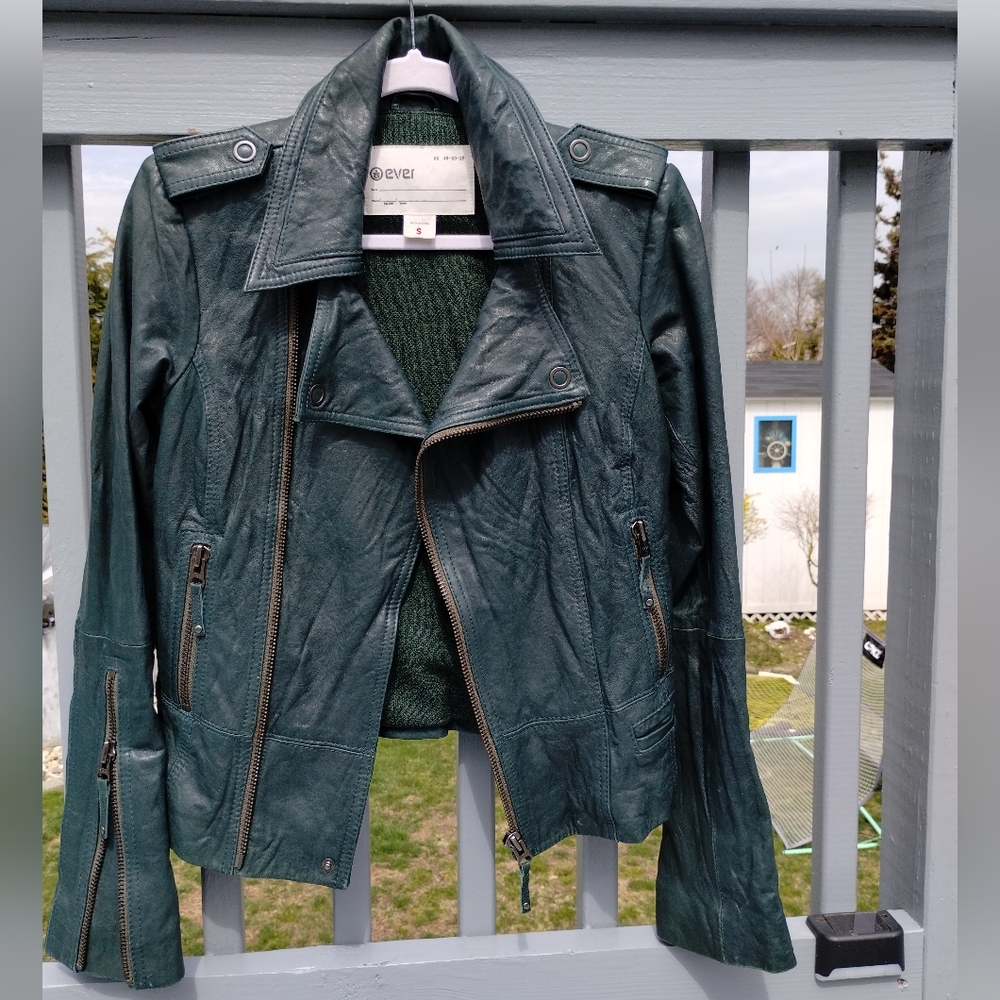 Ever Dark Green Leather Biker Jacket Small